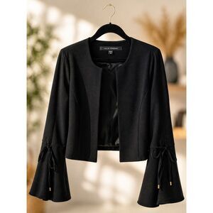 Julia Jordan Black Tie Flared Sleeve Blazer Cropped Jacket Romantic Chic M